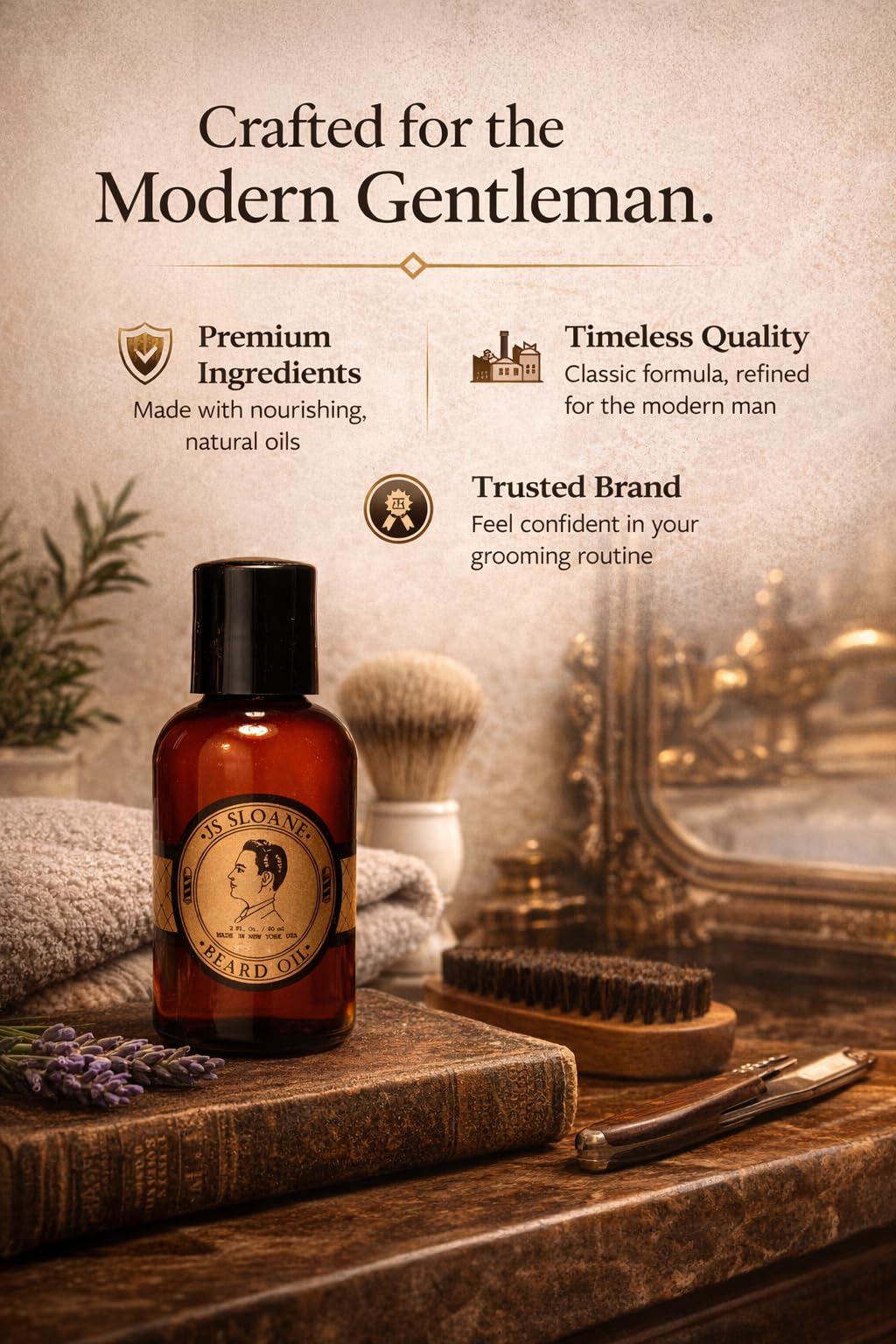 JS Sloane beard oil label emphasizing lightweight conditioning and shine