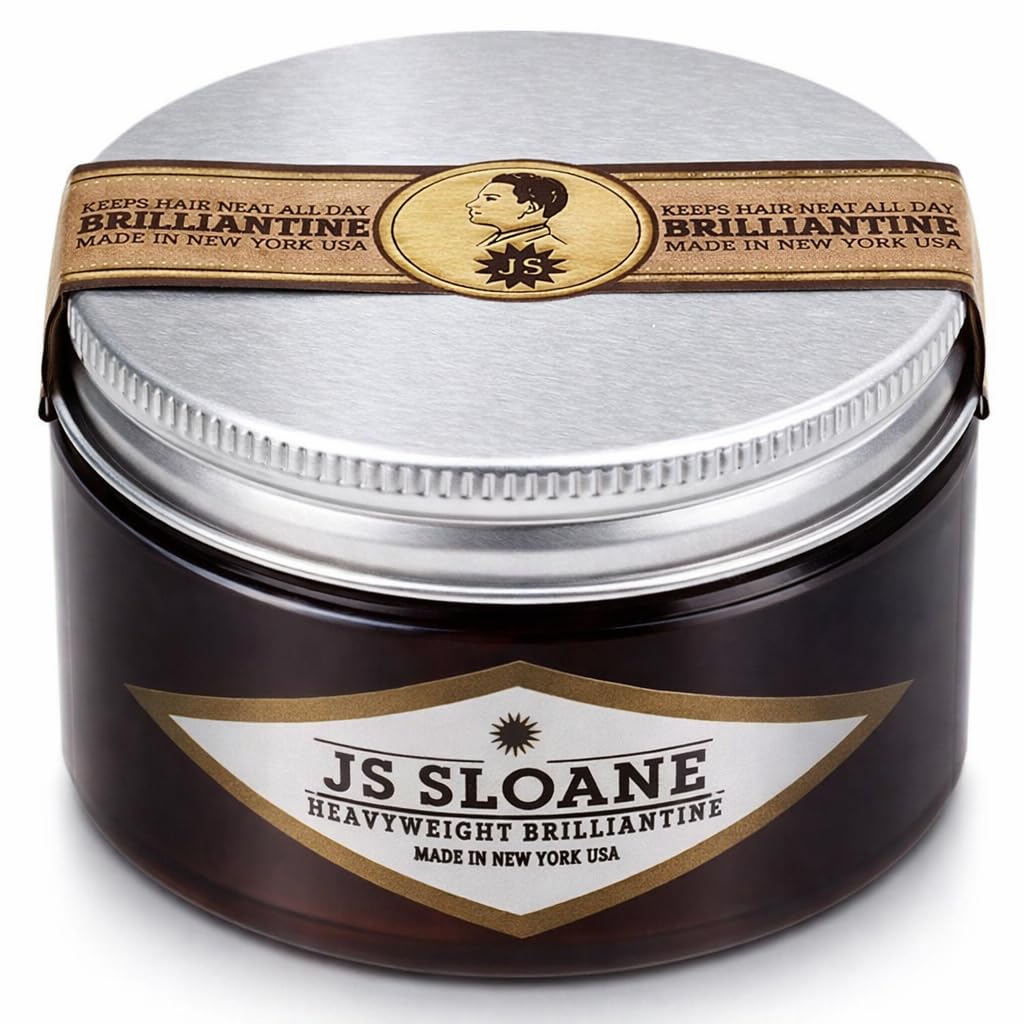 JS Sloane Heavy Weight Brilliantine jar shows strong hold and high shine.