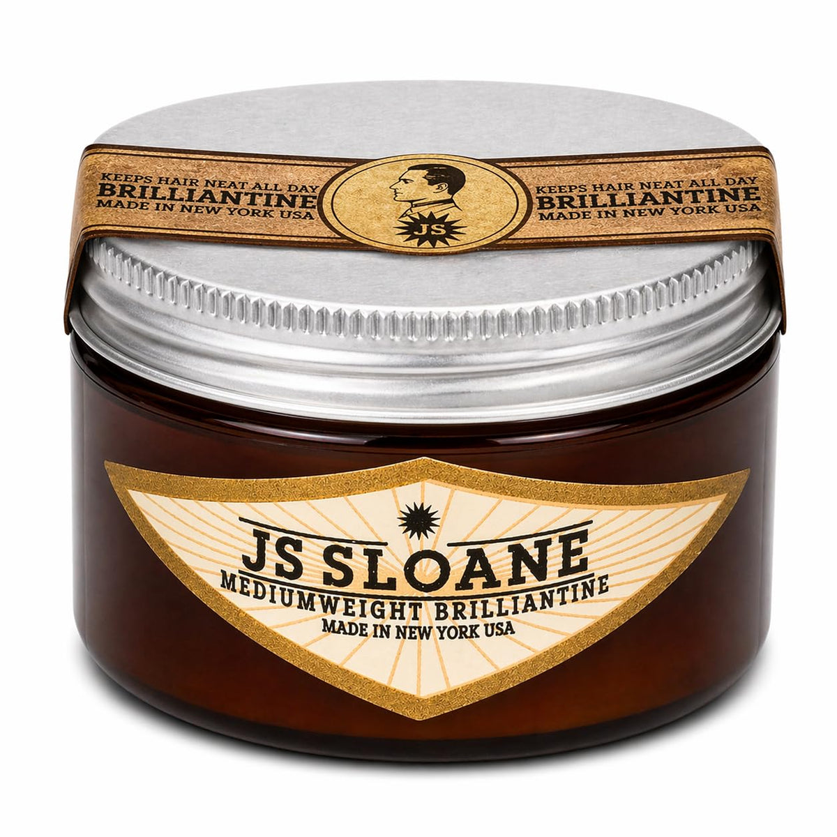 JS Sloane Mediumweight Brilliantine Pomade jar with high shine and easy wash out