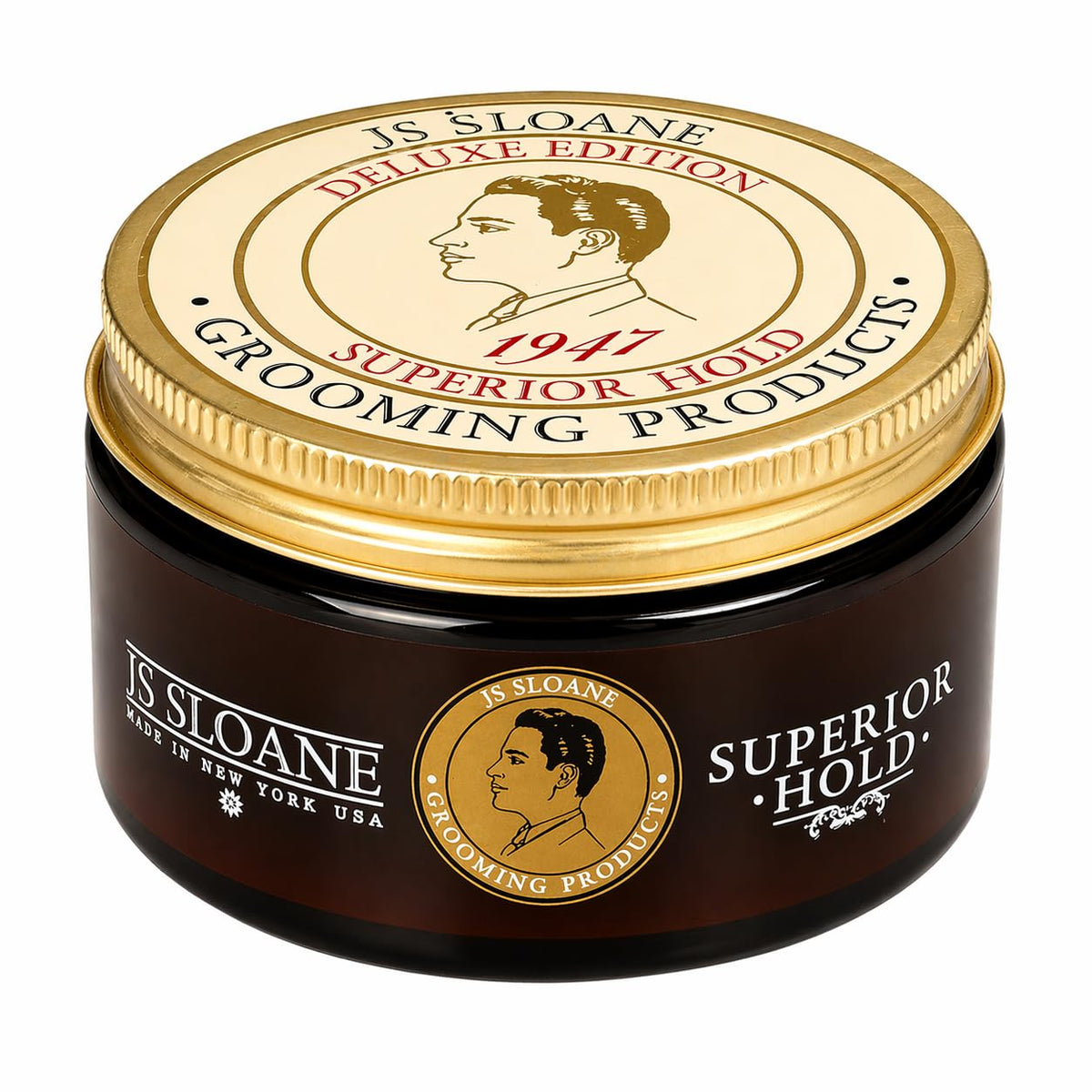 JS Sloane Superior Hold Pomade bottle pour shows strong, long-lasting control.
