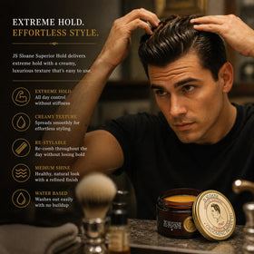 Hands applying JS Sloane pomade for easy styling and reworkable shape.