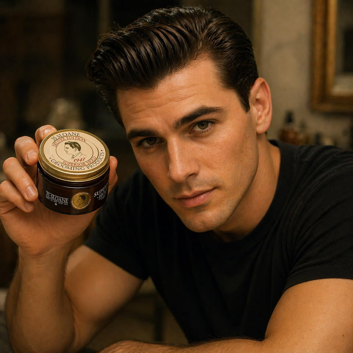 Styled hair with JS Sloane pomade showing thick, controlled texture.