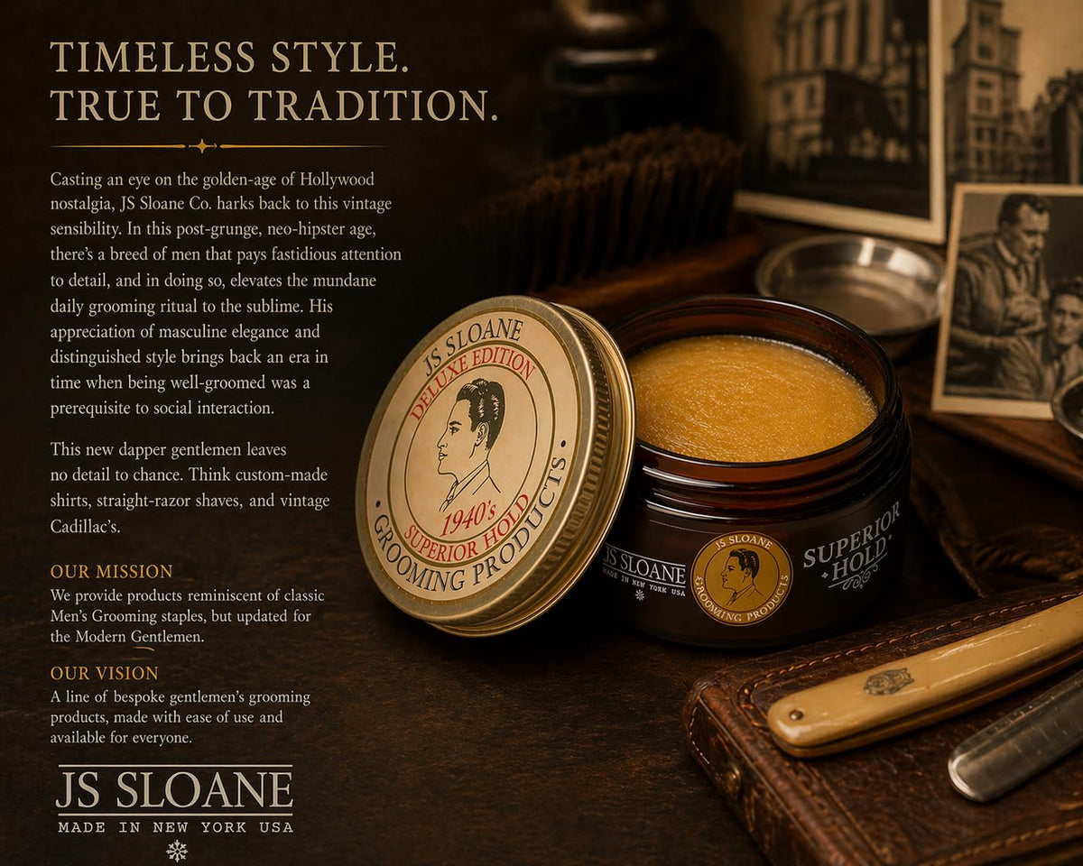 Model displays natural medium shine finish after using JS Sloane pomade.