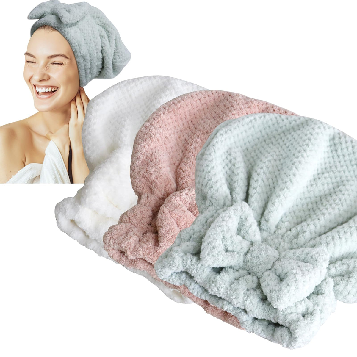 Jseng 3PC microfiber hair towel cap pack ready for quick drying after shower