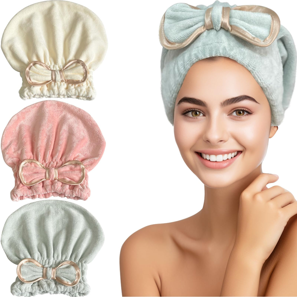 Jseng microfiber hair towel cap with bowtie — snug fit and fast drying.