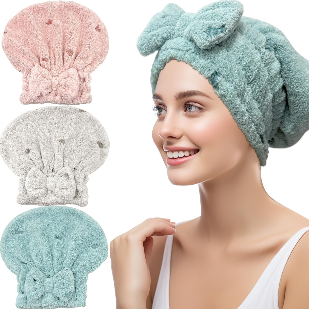 Jseng microfiber hair towel in dusty pink with bow design for quick, gentle drying.