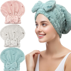 Jseng microfiber hair towel in dusty pink with bow design for quick, gentle drying.