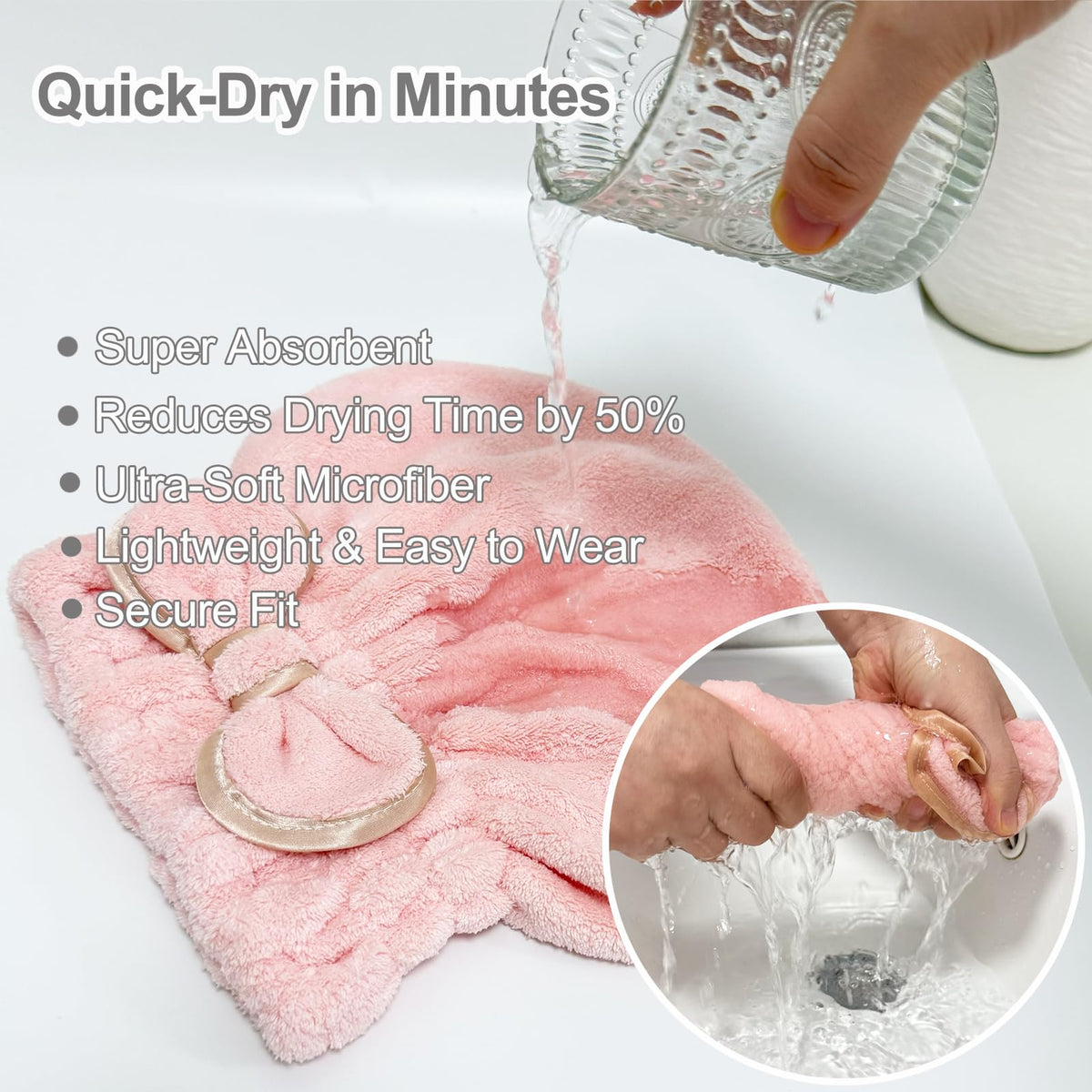 Jseng microfiber towel with elastic band provides a secure, adjustable fit.