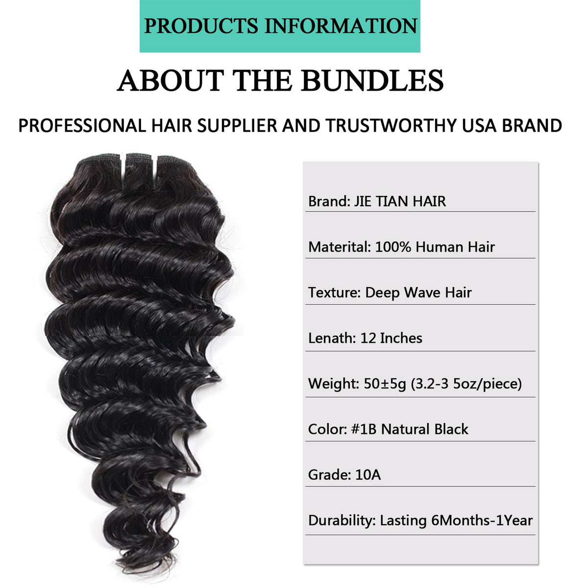 JTdebade 12in deep wave weft 50-60g, durable full-head look