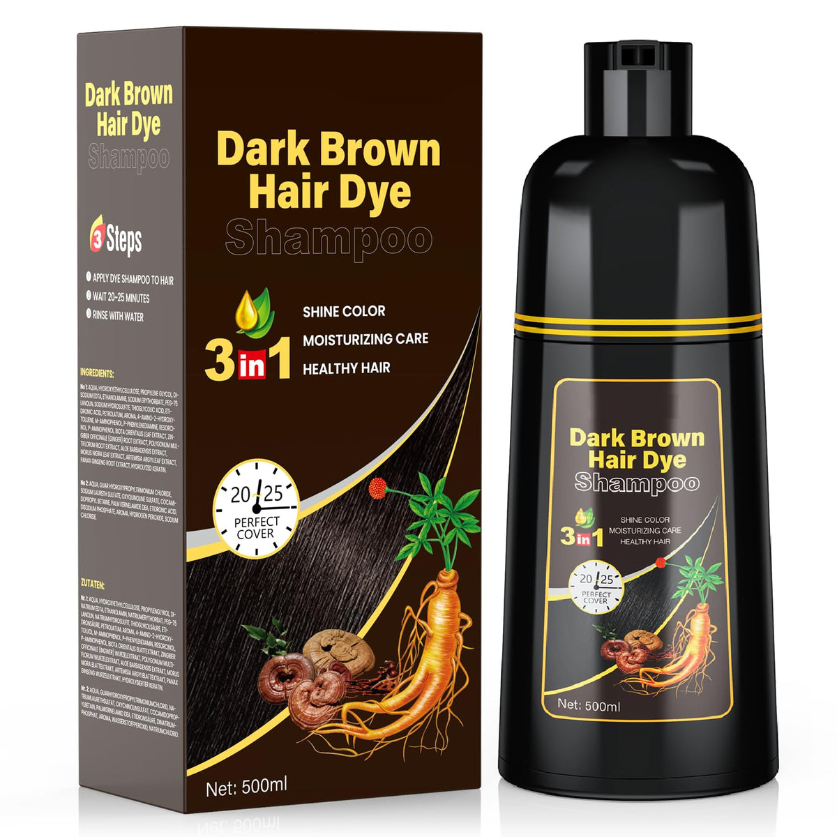 JUANCHI Dark Brown Hair Dye Shampoo bottle pour shows easy application for gray coverage.