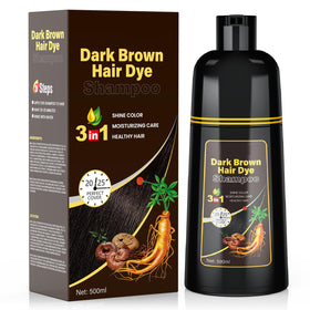JUANCHI Dark Brown Hair Dye Shampoo bottle pour shows easy application for gray coverage.