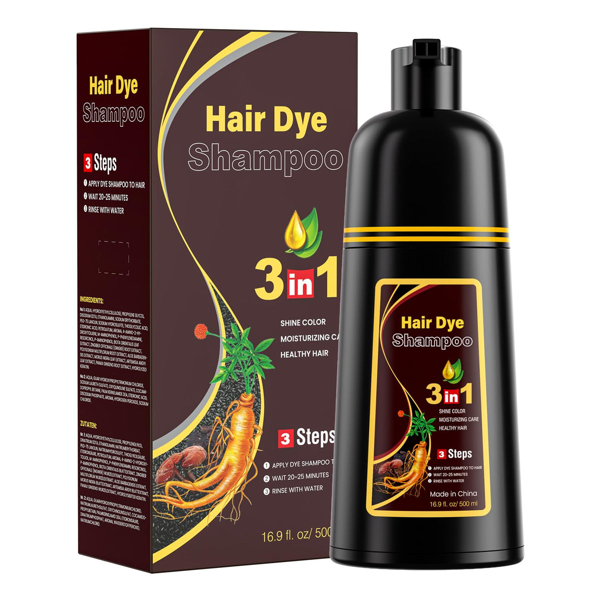 JUANCHI Dark Brown Hair Dye Shampoo bottle for easy color application and gray coverage.