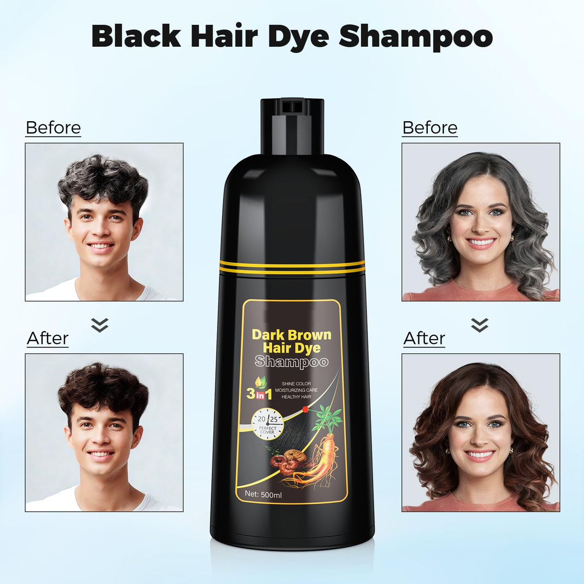 JUANCHI Dark Brown Hair Dye Shampoo packaging highlights herbal formula and convenience.