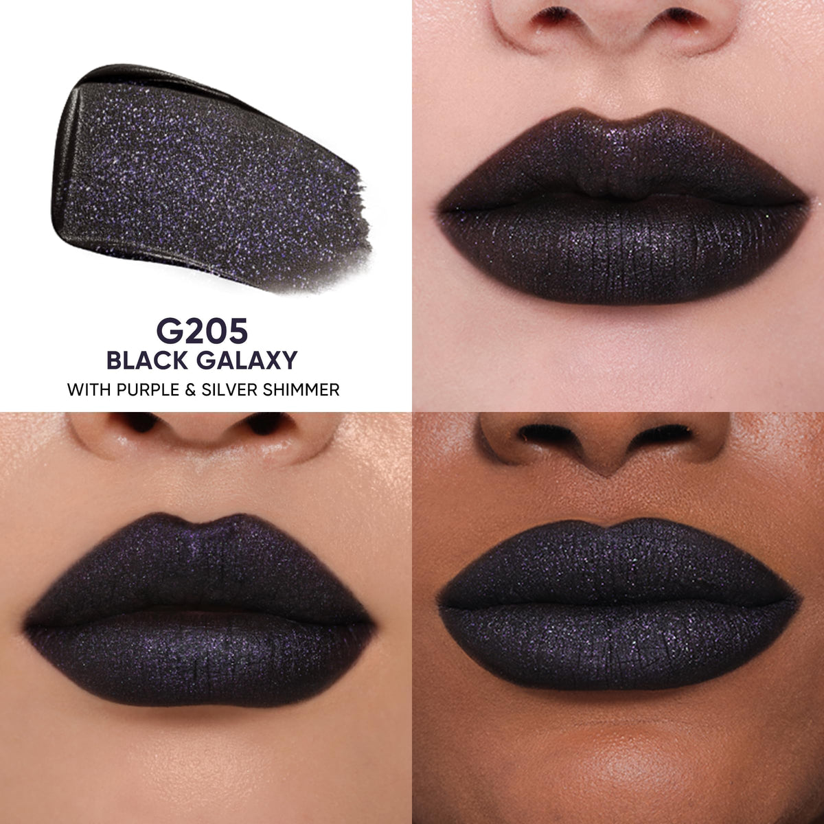 JUDYDOLL G205 Black Galaxy lip swatch on lips demonstrates silky glide and rich pigment