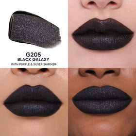 JUDYDOLL G205 Black Galaxy lip swatch on lips demonstrates silky glide and rich pigment