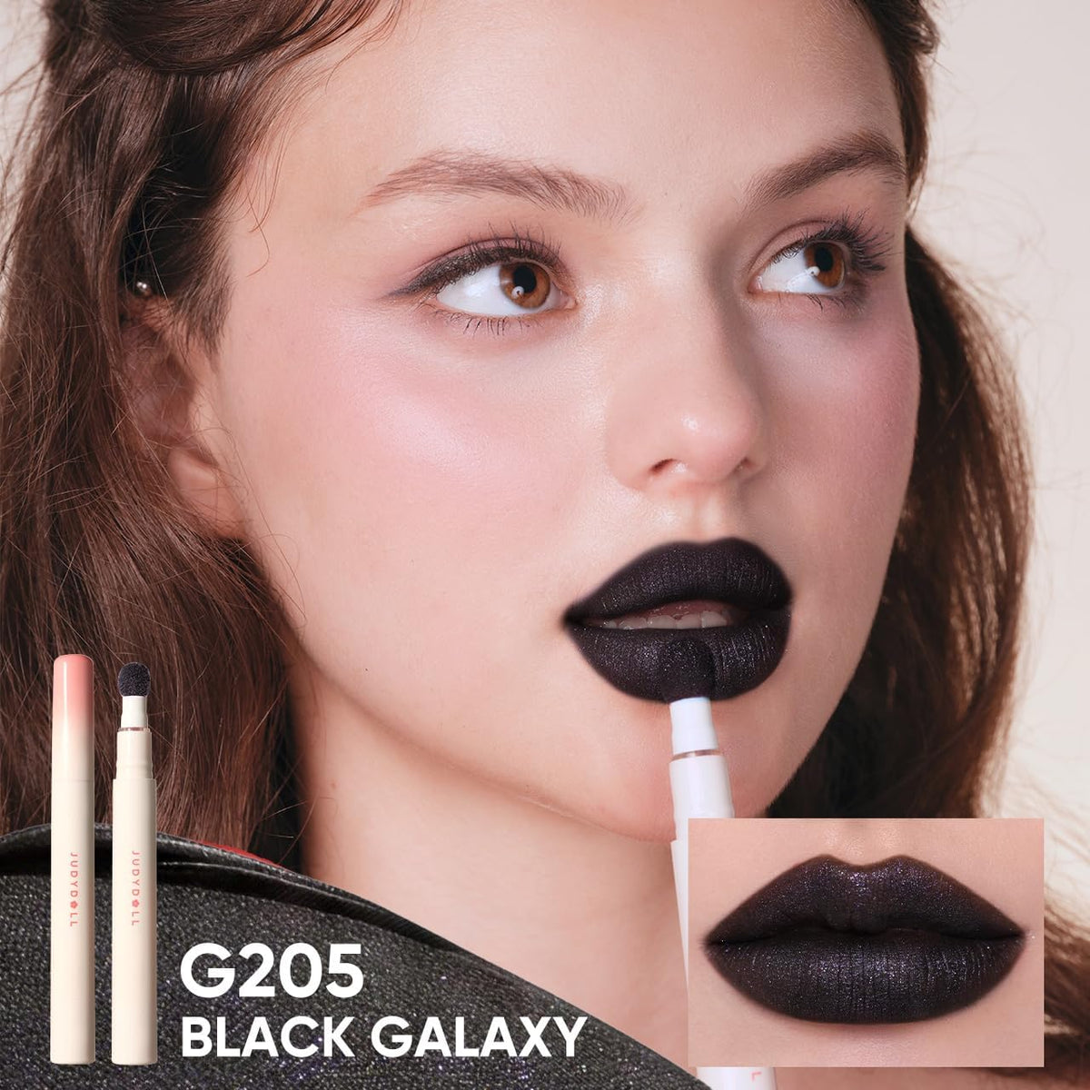 JUDYDOLL G205 Black Galaxy texture closeup highlights smooth application and non-drying feel