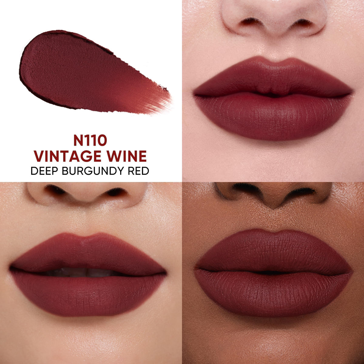JUDYDOLL Cushion Matte Lip Cream swatches reveal the N110 Vintage Wine shade.