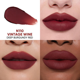 JUDYDOLL Cushion Matte Lip Cream swatches reveal the N110 Vintage Wine shade.