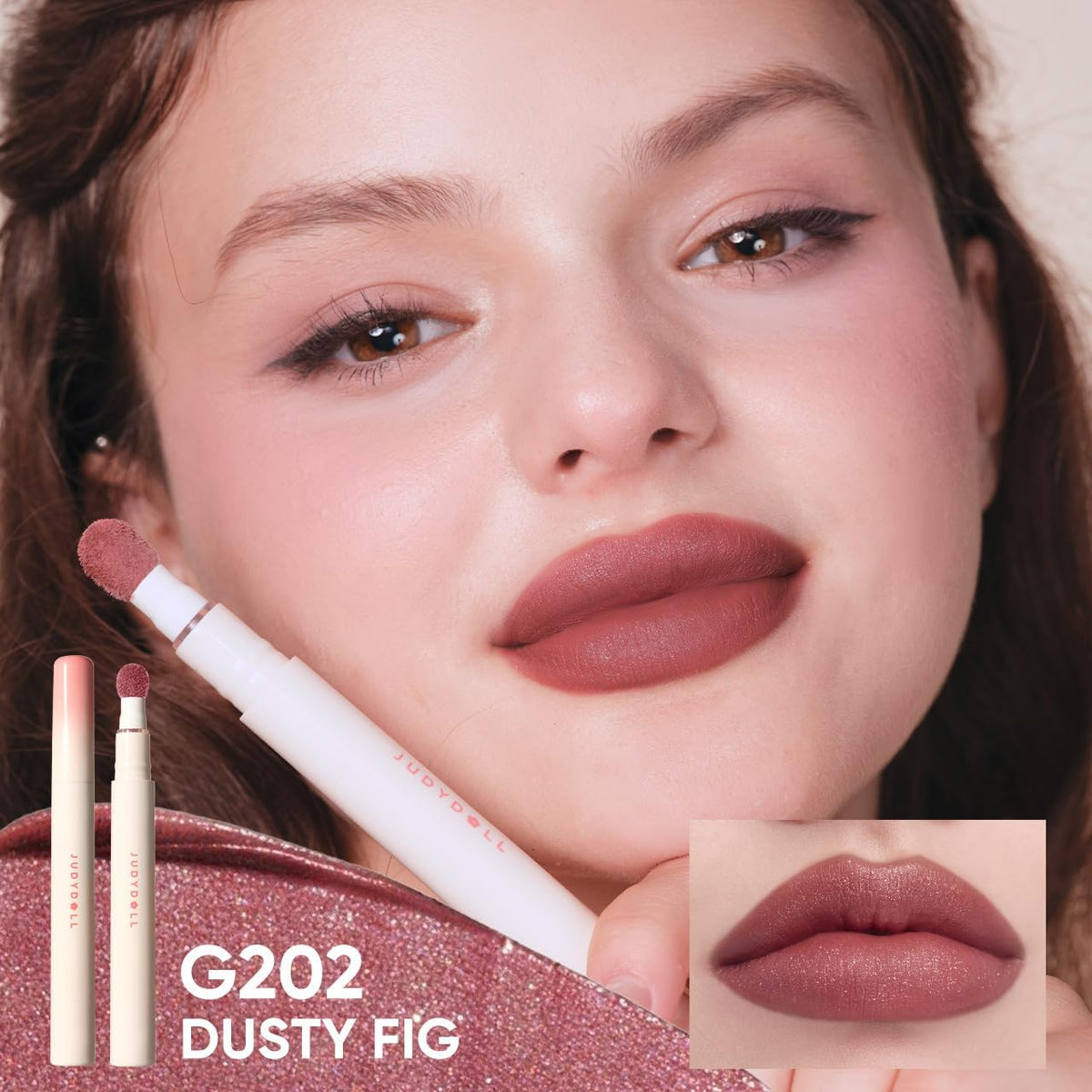 JUDYDOLL lip cream swatch on arm shows rich color and even coverage.