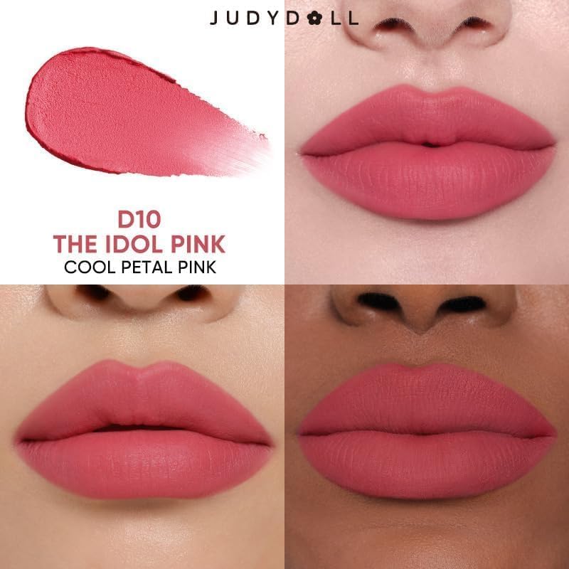 JUDYDOLL Cushion Matte Lip Cream swatches show vibrant pink shade