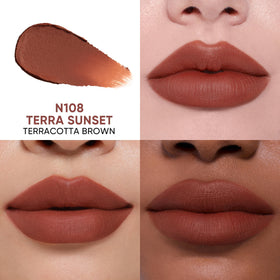 JUDYDOLL Cushion Matte Lip Cream Terra Sunset on lips, long-lasting matte finish