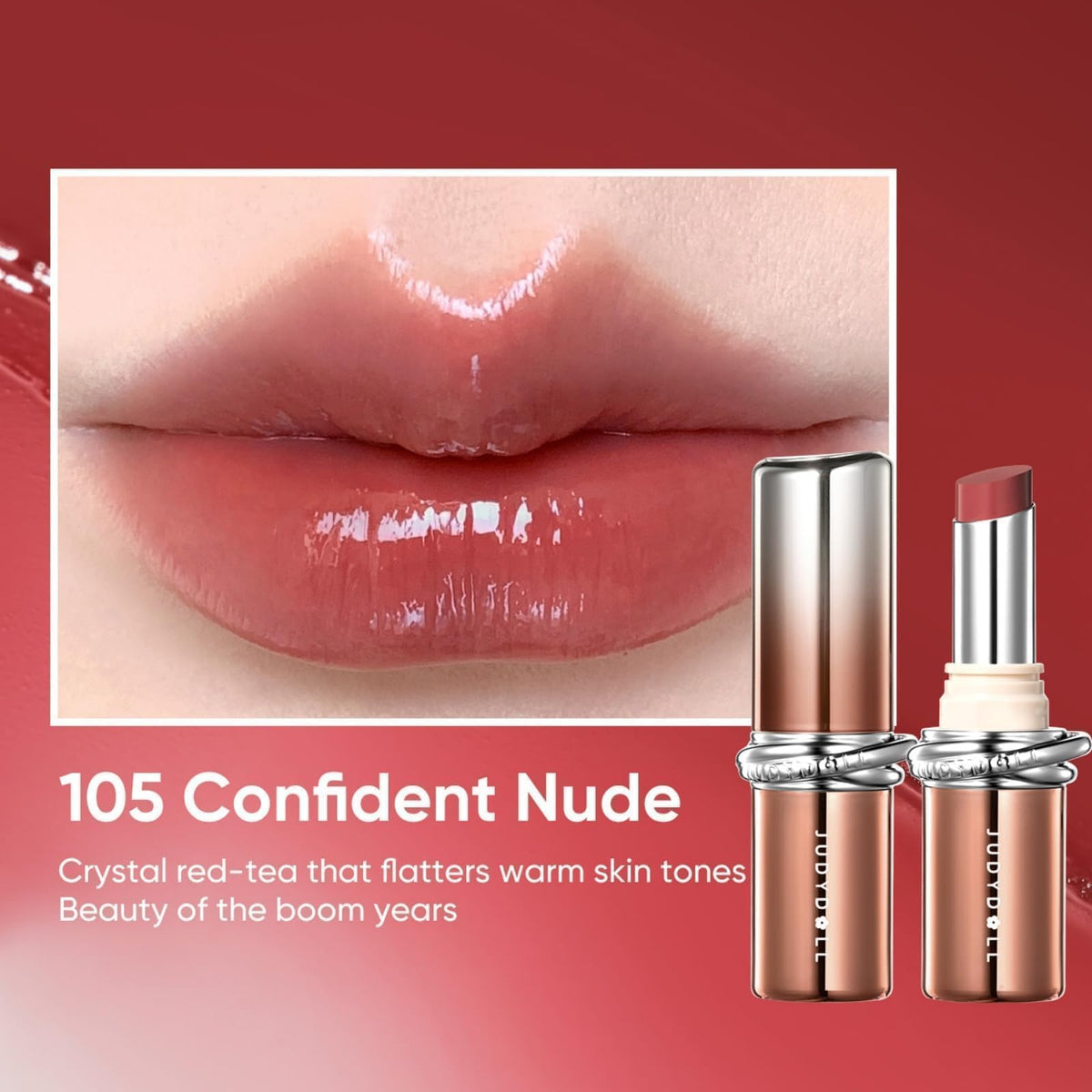 JUDYDOLL PDRN Stay Shine Lipstick dual-color-lock protects color against transfer.
