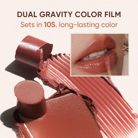 Serum-essence visual with rose collagen droplets suggests nourished lips and gentle hydration.