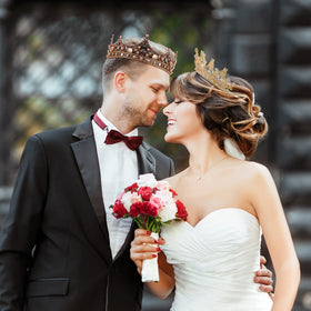 Juexica prom-night glam look with gold tiara and silver crown.