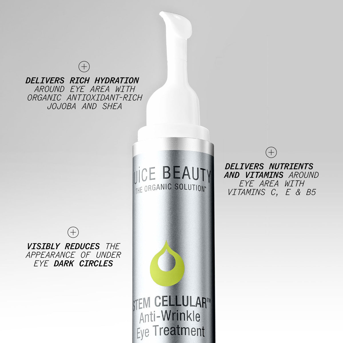 Juice Beauty Stem Cellular Eye Treatment gel closeup highlighting fast-absorbing texture for smooth skin.