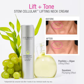 Juice Beauty Stem Cellular Peptide Lifting Neck Cream applied to neck with upward motions.