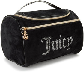 Juicy Couture black makeup bag exterior with velour finish for stylish travel.