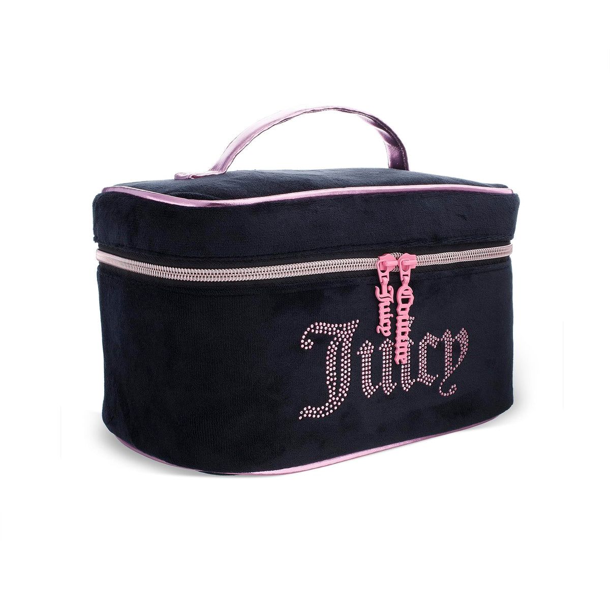 Juicy Couture black and pink makeup bag train case with velour rhinestones for stylish travel storage.