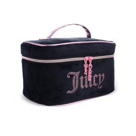 Juicy Couture black and pink makeup bag train case with velour rhinestones for stylish travel storage.