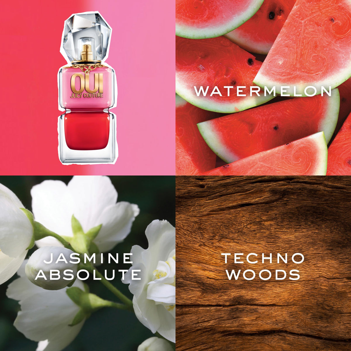 Juicy Couture Oui EDP bottle with pink backdrop, vibrant fruity-floral mood for daily freshness.