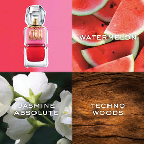 Juicy Couture Oui EDP bottle with pink backdrop, vibrant fruity-floral mood for daily freshness.