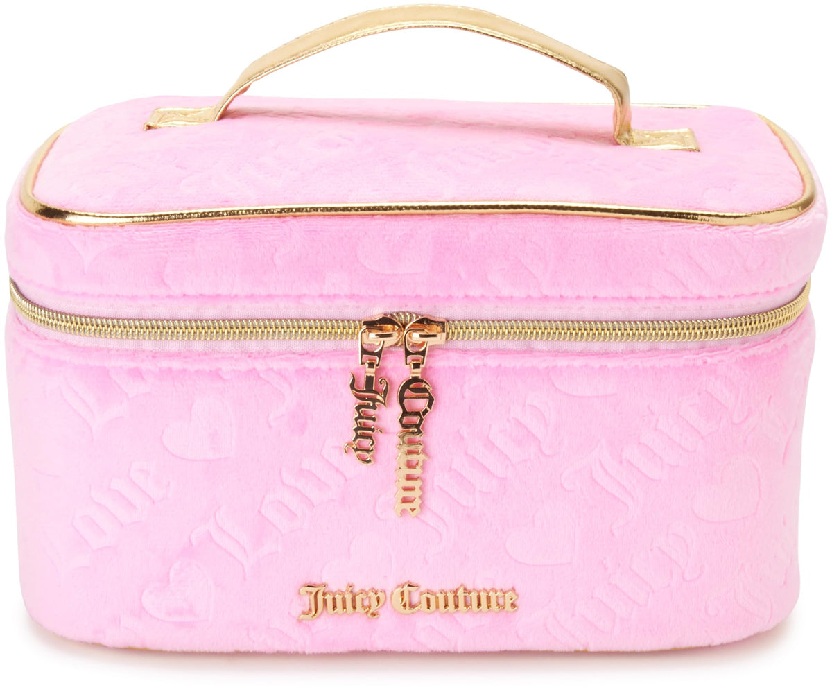 Juicy Couture pink makeup bag closed, durable exterior for stylish travel storage.