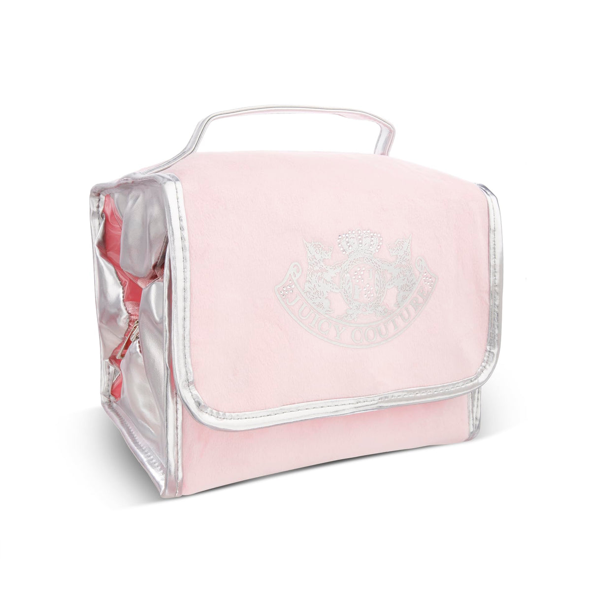 Juicy Couture pink makeup bag fits neatly in luggage for easy travel.
