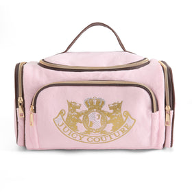 Juicy Couture pink makeup bag front view, chic design and compact travel size.
