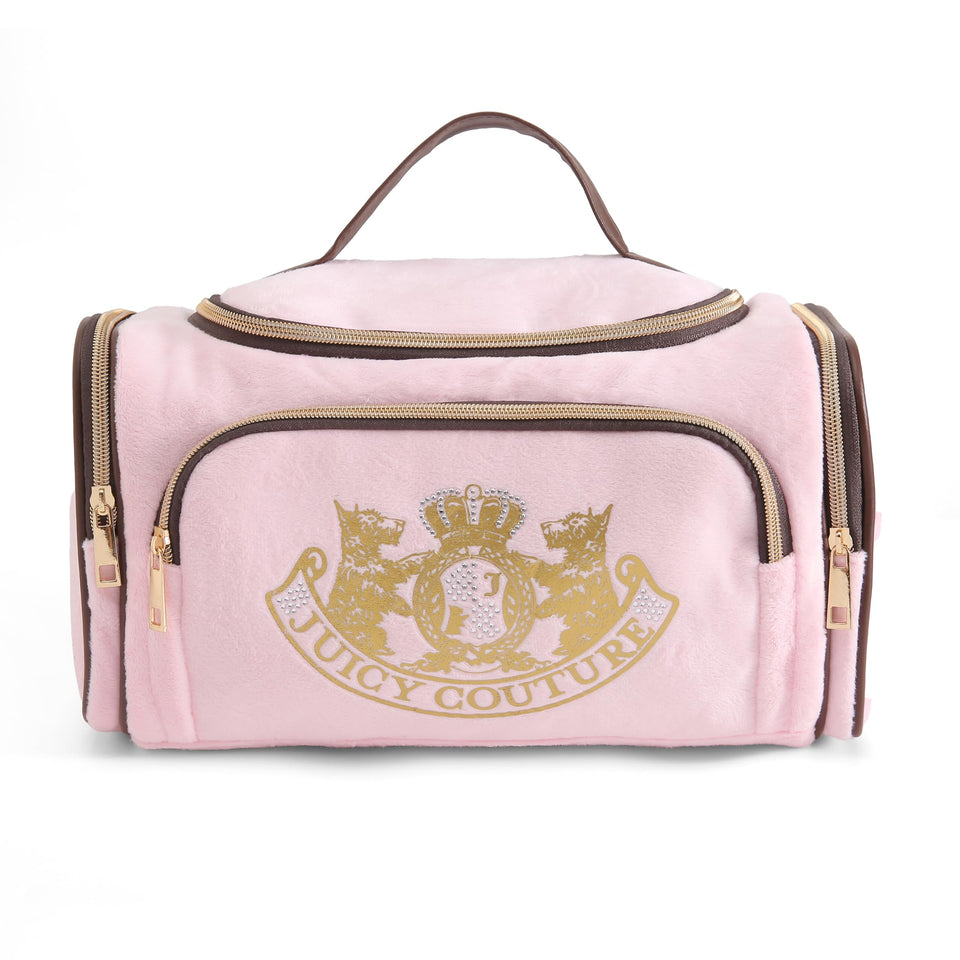 Juicy Couture pink makeup bag front view, chic design and compact travel size.