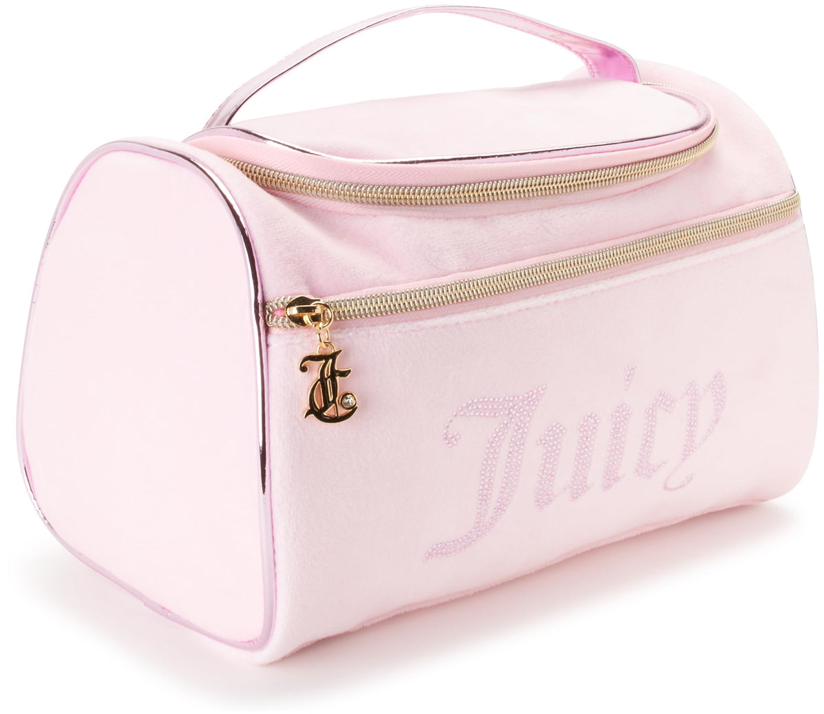 Juicy Couture pink makeup bag front view, stylish organizer for travel cosmetics