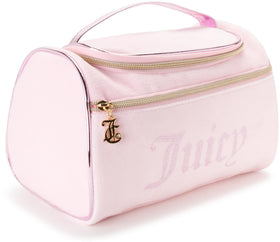 Juicy Couture pink makeup bag front view, stylish organizer for travel cosmetics