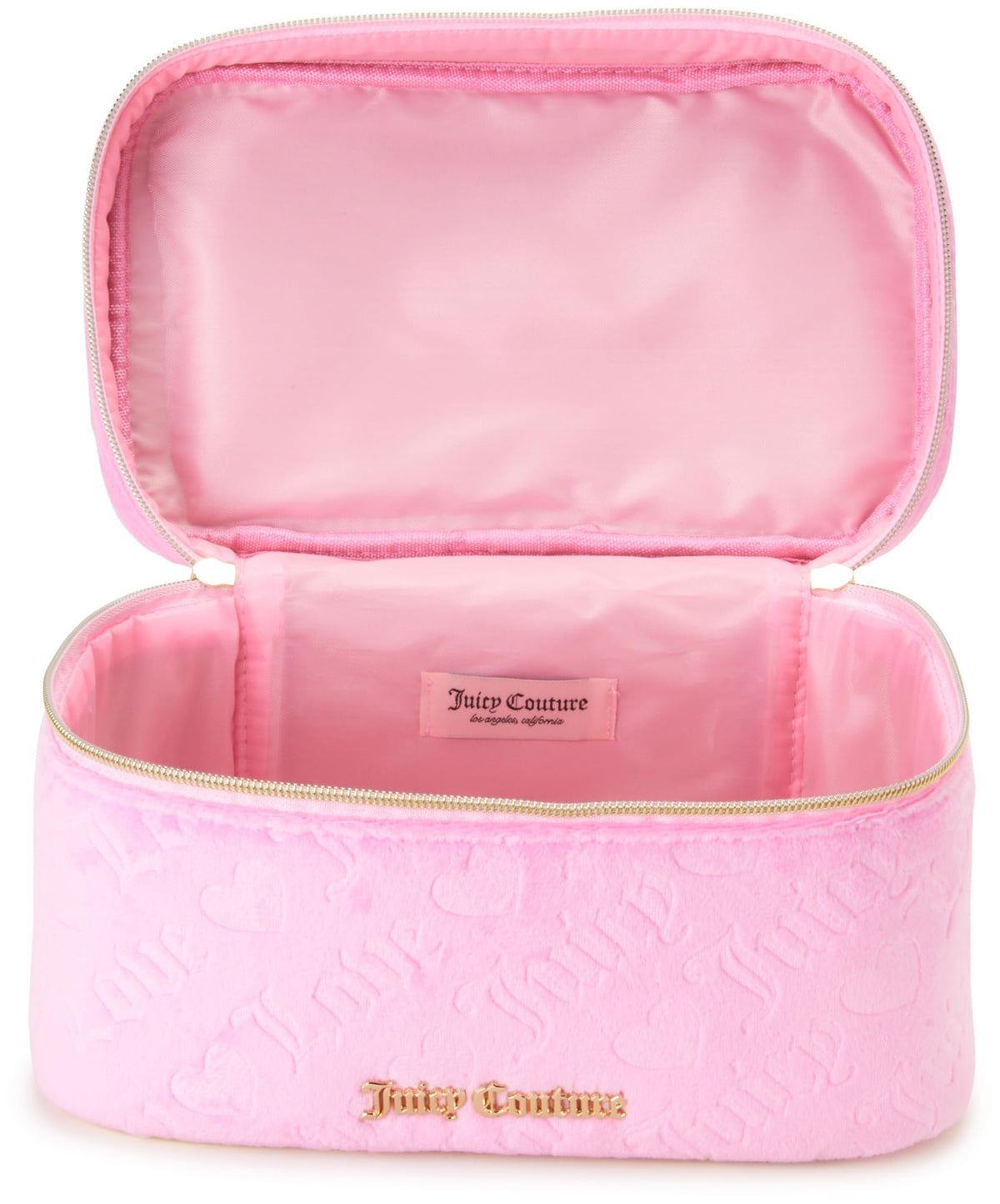 Juicy Couture pink makeup bag in luggage, easy packing for trips.