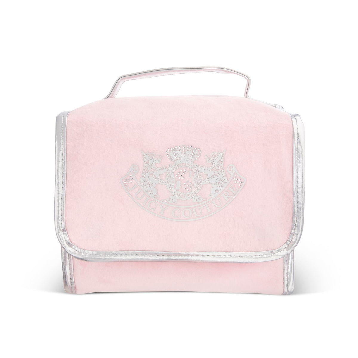Juicy Couture pink makeup bag interior with organized compartments for travel cosmetics.