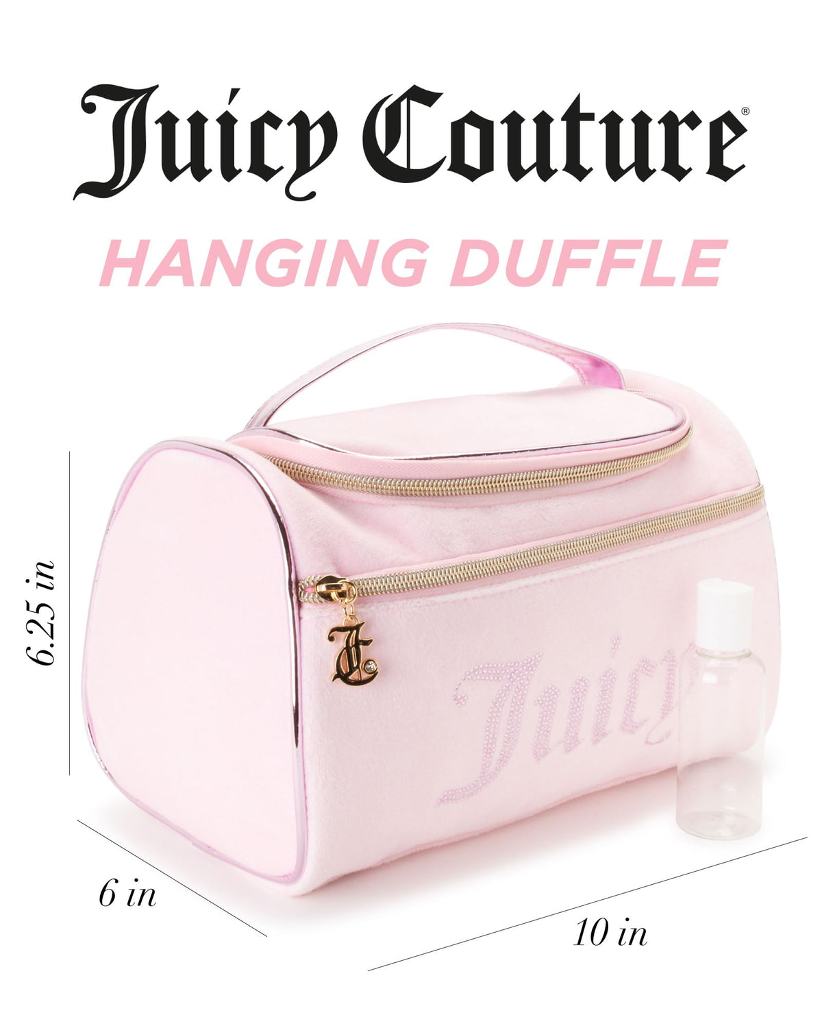 Juicy Couture pink makeup bag interior view showing lined storage for brushes and bottles
