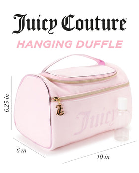 Juicy Couture pink makeup bag interior view showing lined storage for brushes and bottles