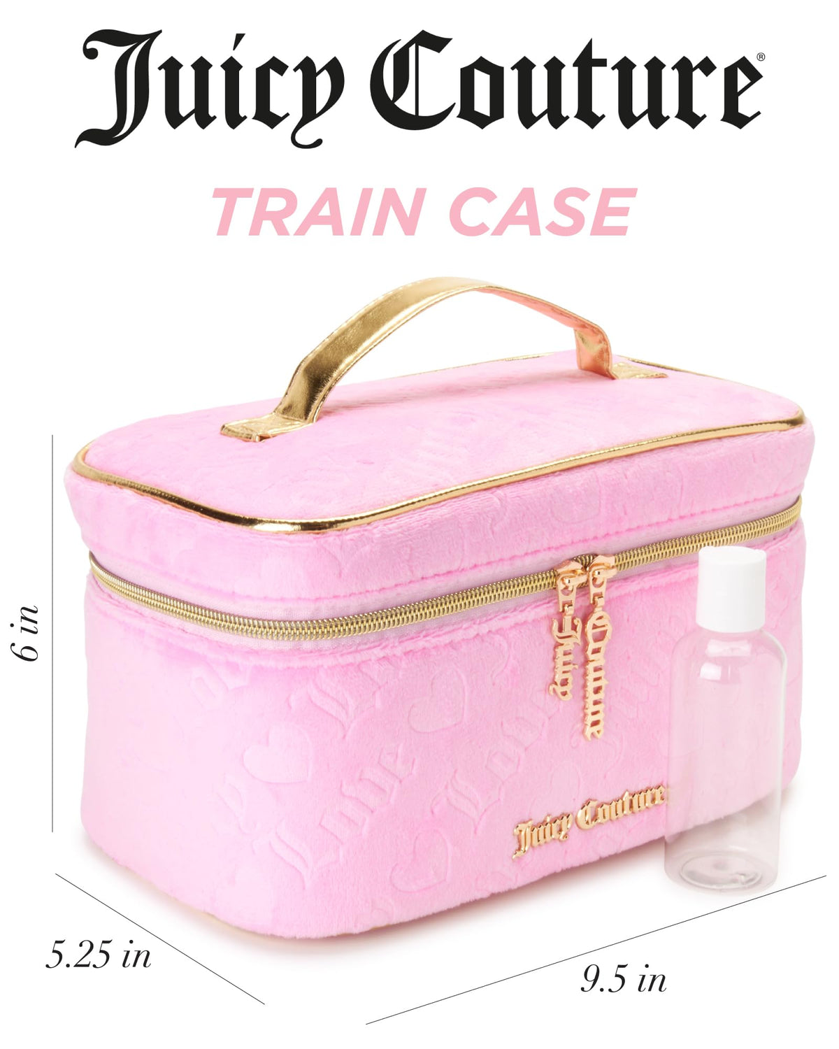 Juicy Couture pink makeup bag open interior, organized space for brushes and cosmetics.