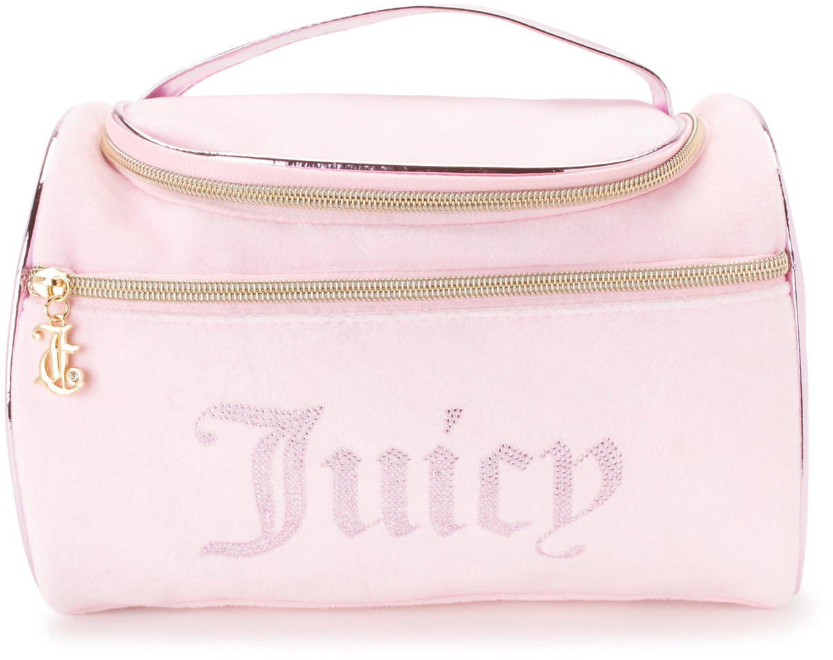 Juicy Couture pink makeup bag velour detail with rhinestones for chic travel style