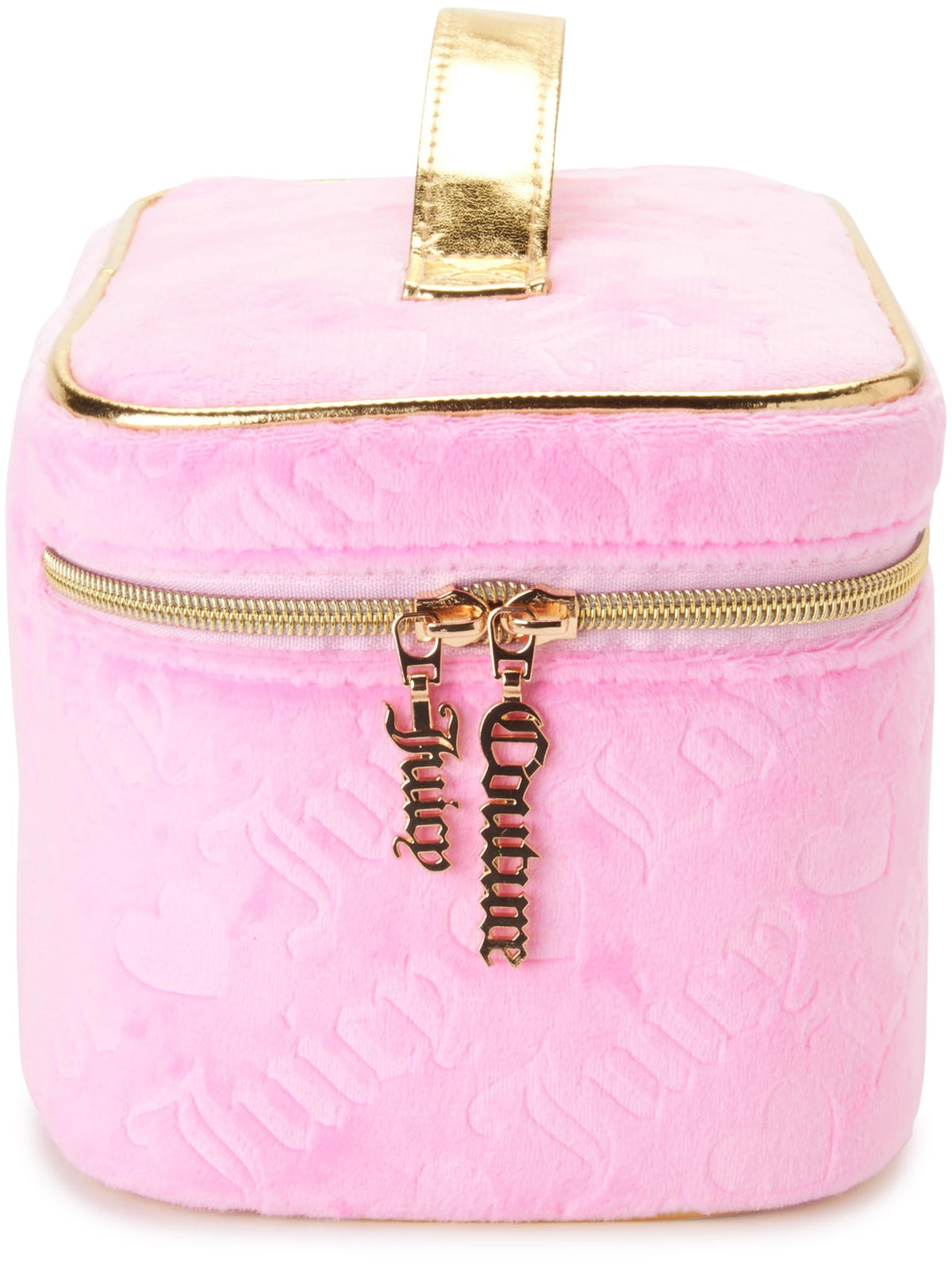 Juicy Couture pink makeup bag Velour Heart logo exterior, fashion-forward organizer.