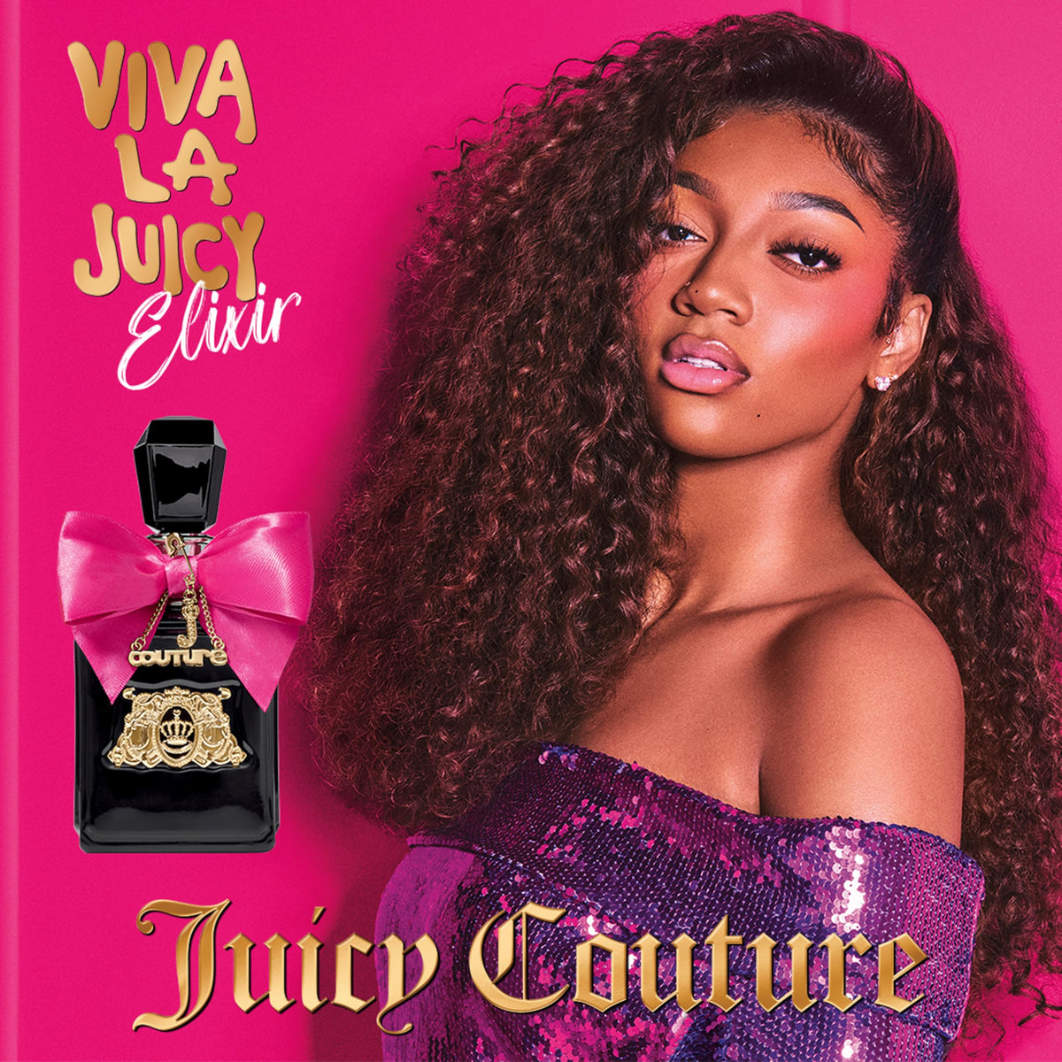 Juicy Couture Viva La Juicy Elixir cap detail emphasizes sparkling glamour and enduring fragrance presence.