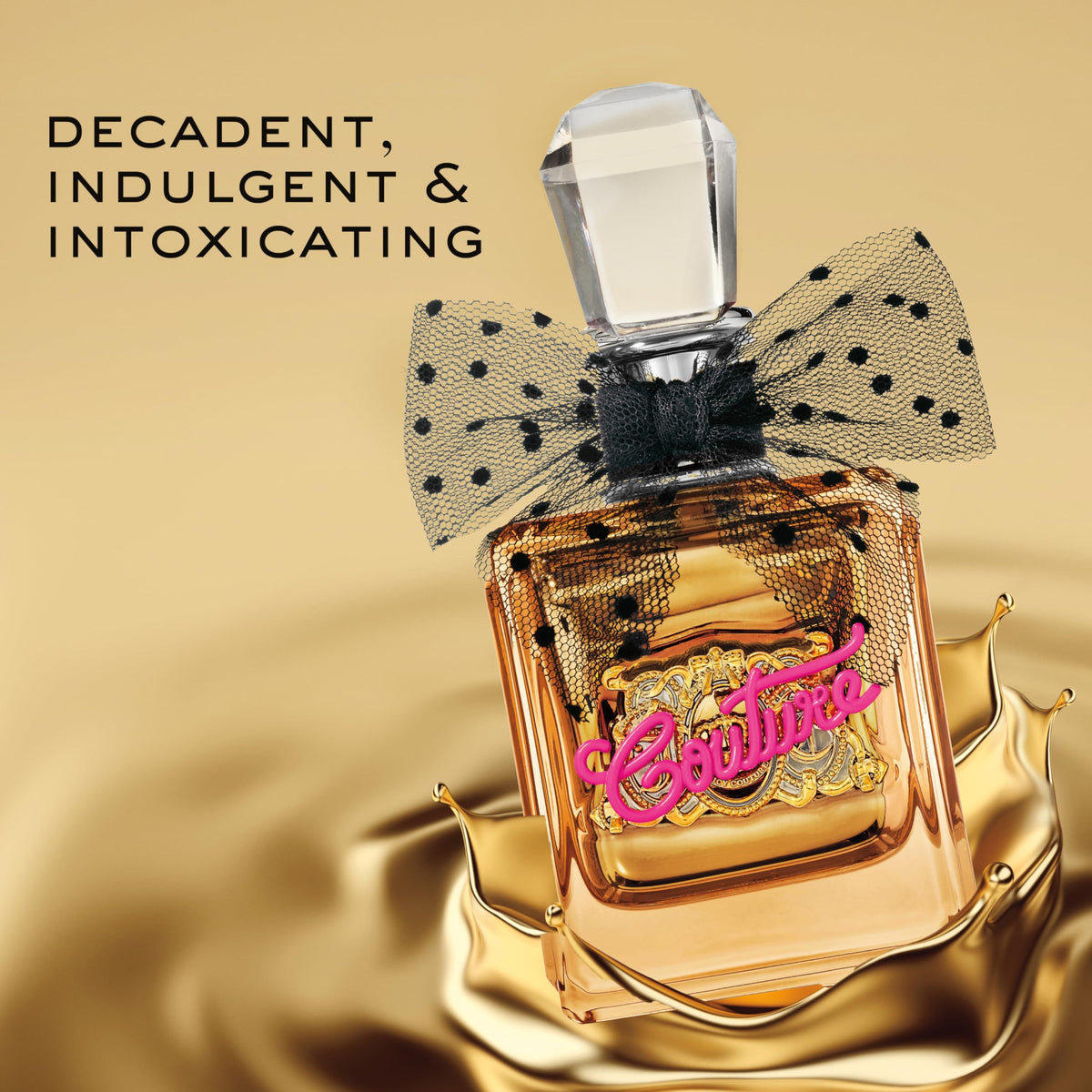 Viva La Juicy Gold bottle with amber liquid visible through glass, ideal for date-night fragrance.